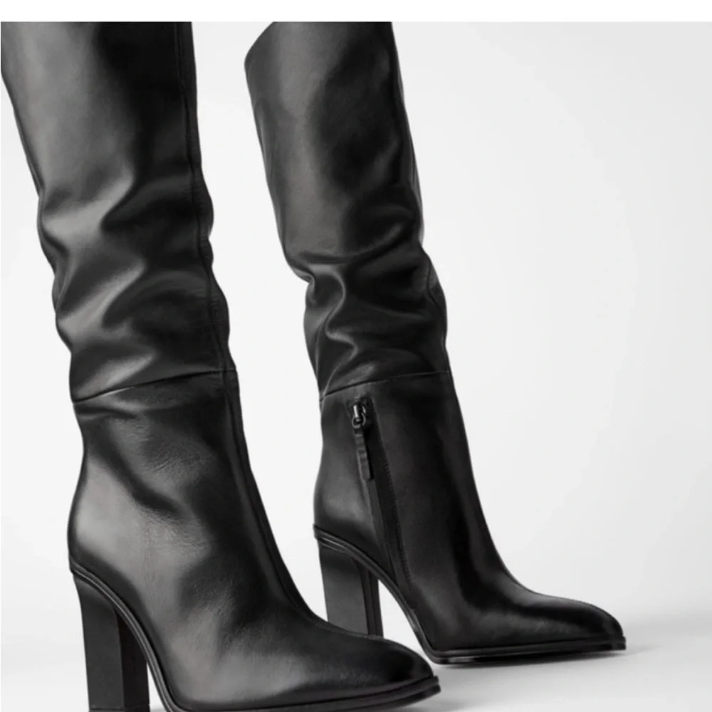Zara Black Heeled Leather Boots - Picture 1 of 5